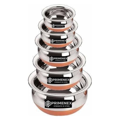 Image of Copper Bottom Stainless Steel Handi Set of 5 - Multipurpose Kitchen Cookware for Cooking & Serving - Energy Efficient, Friendly Cookware | 0.5L - 2L Capacity (Handi Set of 5)