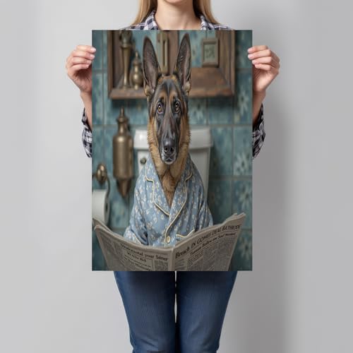 Cuadros decorativos de humor realista: lienzo de perro pastor en el inodoro de 60x80 cm