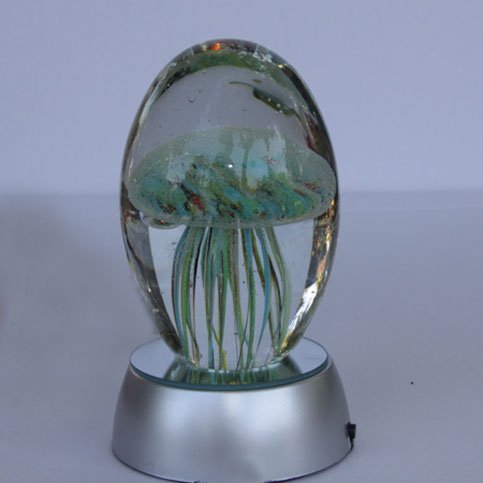 Hand Blown Glass - Jellyfish Paperweight, Glow in The Dark Glass with Multi-Color Light Base ((Turquoise & Yellow