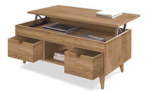 HOGAR24 ES Scala - Mesa Centro Elevable Madera Maciza Natural, Color Encerado. Medidas: 100cm x 50cm x 47cm.