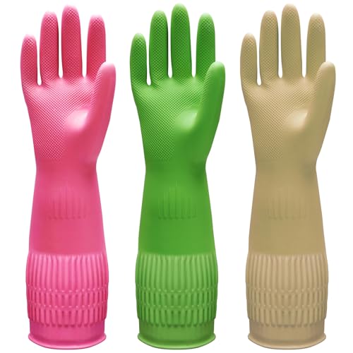 Bamllum 3 Pairs of Rubber Dishwashing Gloves for Kitchen and Household Cleaning – Long Cuff 15',...