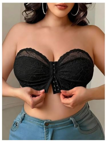 Image of MakeMeChic Women's Plus Size Strapless Bras Front Closure Half Push Up Bra Bandeau Wireless Bralette for Large Bust