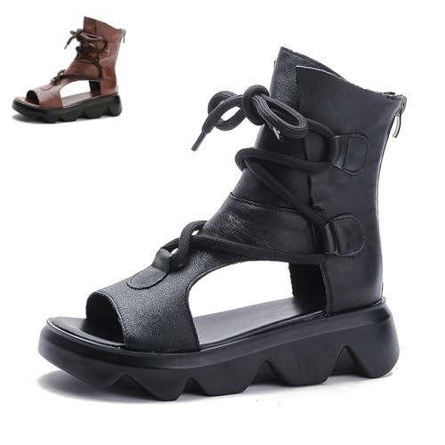 Women's Leather High Top Platform Sandals Vintage Casual Open Toe Lace Up Back Zipper Chunky Wedge Booties Comfortable Soft Sole Roman Sandals