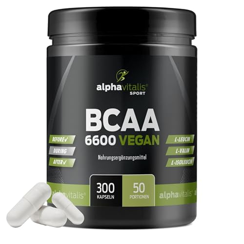 BCAA Kapseln optimal dosiert 300 Stk. - 1100 mg essentielle Aminosäuren + Vitamin B6 pro Stück - vegan, fermentiert und ohne Magnesiumstearat - L-Leucin, L-Valin, L-Isoleucin für Sportler
