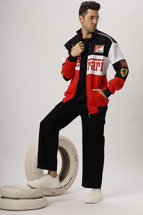 Image of EXOTIX Red & White Racing Jacket Modern Design | Adjustable & Comfortable Zip-Up Printed Jacket | For Men's Party and Daily Wear | Racing Sports jacket for Women