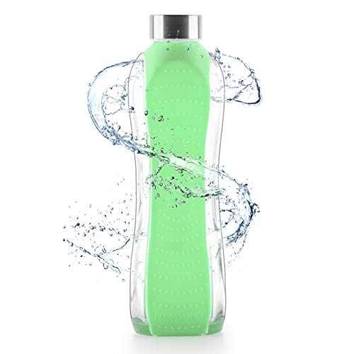 ROSMARINO Bouteille d'eau en Verre 660ml - Bouteille d'eau Réutilisable avec Gaine de Protection - Verre Trempé - sans BPA - Fabriqué en UE - 8x26 cm (Green Smile)