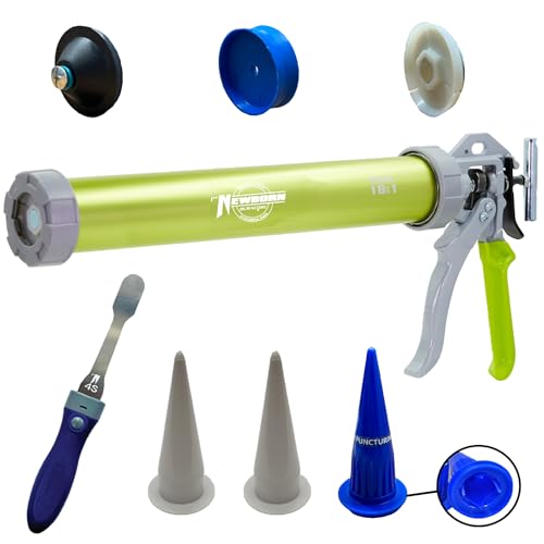Image of Newborn 620AL-Neon Round Rod Caulk Gun with Aluminum Barrel - 18:1 Thrust Ratio | 20 oz. Sausage Cartridge Capacity | Includes Ring Cap, Cones & Sausage Cup