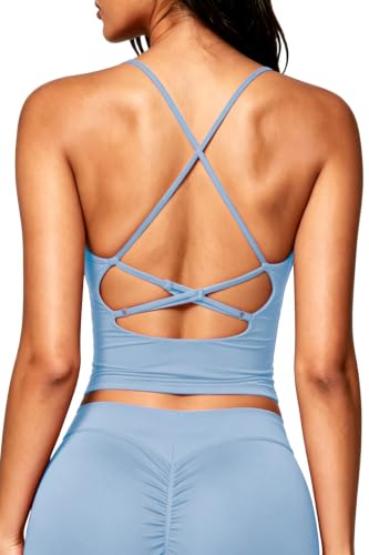 Image of QINSEN Womens Cross Back Tank Top V Neck Double Lined Camisole Top Sleeveless Spaghetti Strap Going Out Tops