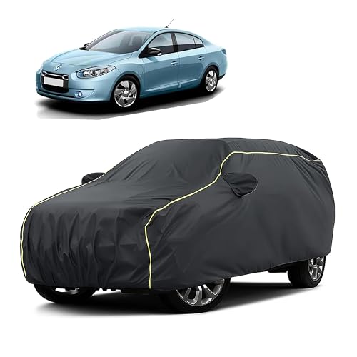 Image of Sulfar 100% Water Resistant Car Body Cover Compatible with Mirror for Renault Fluence (Triple Stitched, Full Bottom Elastic, Dark Grey Taffeta with Yellow Piping)