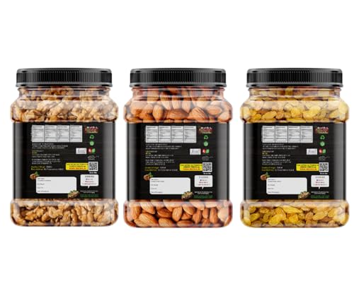 Image of English Nuts Dry Fruits Combo Pack Of Almonds Walnuts Raisins 600g| Badam Akhrot Kishmish | Almonds, Walnuts, Raisins (3 x 200 g)