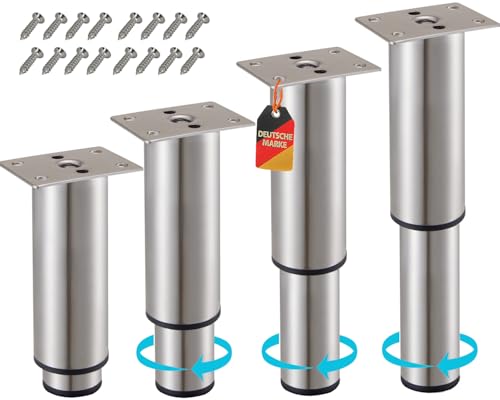 Stahlia Möbelfüße verstellbar Tischbeine Metall Edelstahl Optik 120-190mm (4er Set) Ø38mm Füße für Möbel Möbelerhöhung Schrankfüsse Sofa Füße Möbelbeine Bettfüße