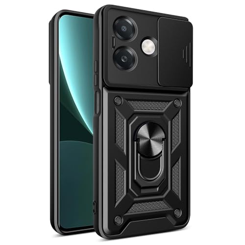 Image of Heavy Duty Back Case Cover for Oppo A3X 5G, Shockproof Oppo A3X Back Cover, Ring Case with Kickstand and Camera Protection Shutter - Black