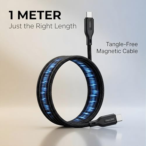 Image of PHILIPS DL7130CB /94 100W Magnetic Type-C to Type-C Fast Charging Cable (1m, Dark Slate) | Nylon Braided | Compatible with iPhone 15+ Series, USB-C iPad Models, Samsung Galaxy & All Type C Devices