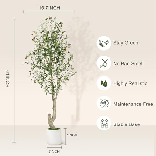 GarveeHome Faux Olive Tree 5ft, Olive Trees Artificial Indoor with White Planter, Artificial Silk Plants with Green Leaves and Big Fruits for Home Office DéCor Living Room Bedroom Stairs Foyer,2 Pack