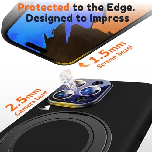 Image of Silicone 360 Spin Magnetic Stand Case for iPhone 16 Pro Max, [Compatible with Mag-Safe][Reinforced Hard Camera Protection] Liquid Silicone Rubber Phone Cover with Ring, Camera Button, Jet Black