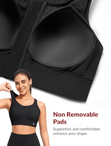 Image of Yvette High Impact Front Closure Sports Bras for Women Plus Size Racerback Running Sports Bra with Hollow-Out Design,Jet Black,M+