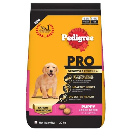 Image of Pedigree PRO Puppy Large Breed, 20 kg Dry Dog Food, Vet Trusted Brand, Expert Nutrition, Quality Protein, 33% More Nutrients (3-18 Months)