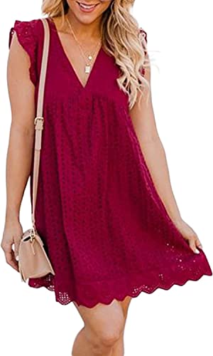 Image of Women's Summer Dress with Built in Shorts Sexy Summer V Neck Ruffle Sleeve Lace California Romper Dresses for Women