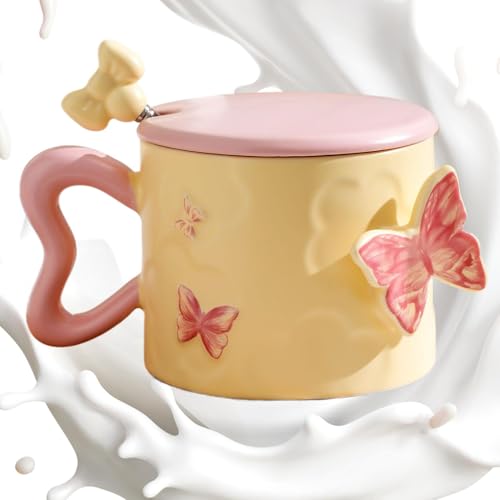 Kustimantu Taza de té de mariposa, taza de café de mariposa | Cerámica hermosa tazas de té - 12 oz elegante Drinkware con tapa del mango, para el cumpleaños de San Valentín