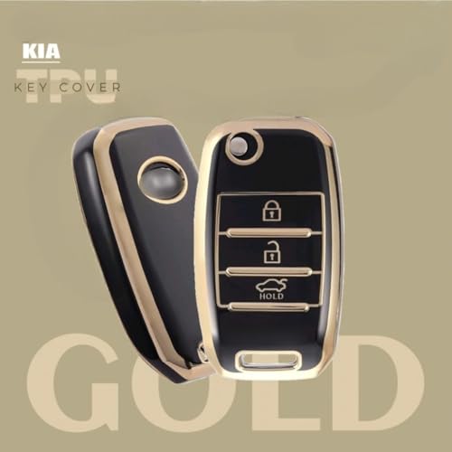 Image of TPU Car Key Cover Black & Golden Compatible for KIA Seltos,Sonet,Carens (KIA, 3 Button Flip Key)