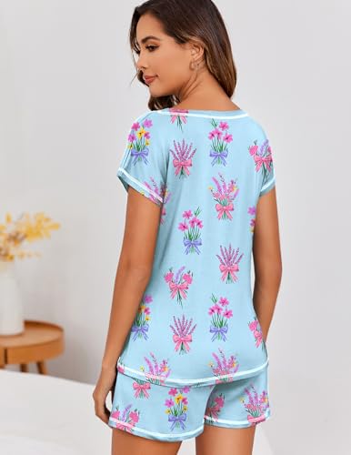 Image of Ekouaer Womens Pajama Sets 2 Piece Soft Short Sleeve Top and Shorts Sleepwear Round Neck Pjs Lounge Set with Pockets