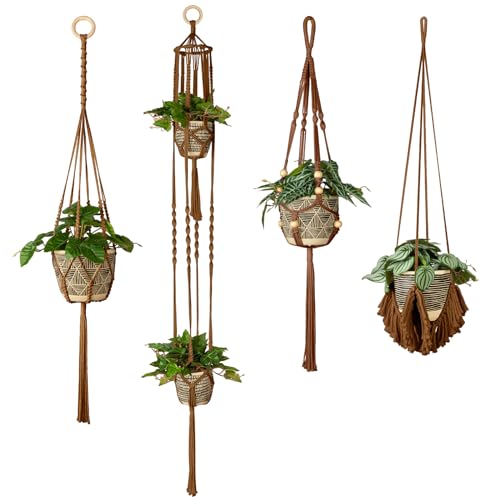 ANROYE Macrame Plant Hanger for Indoor Set of 4, Bohemian Hanging Planter with Tassels for Flower Pot, Boho Decorative Houseplant Rope Holder for Home Decor Bedroom Window Farmhouse
