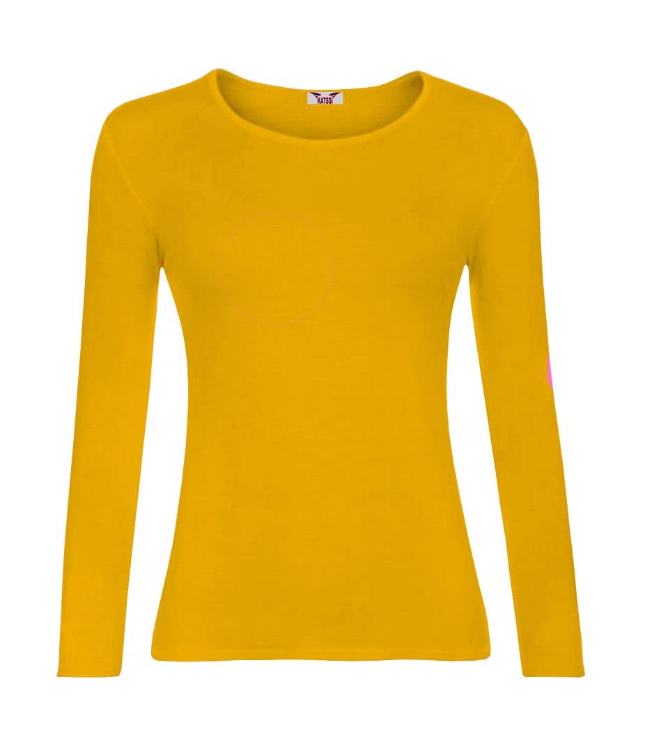 KATSSI Women’s Ladies Long Sleeve Stretch Plain Round Scoop Neck T Shirt Top XXL Mustard