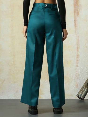 Image of High Star Women High Rise Solid Regular Length Wide Leg Casual Trousers