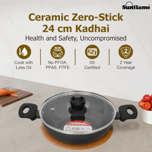 Image of Sunflame Ceramic Non-Stick Kadhai 24 cm with Glass Lid | No PFOA, PFAS, PTFE | Induction and Gas Stove Compatible | 2 Year Warranty by Sunflame | Requires Less Oil, Easy to Clean, Prevents Burning