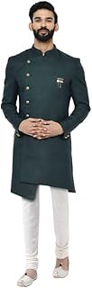 kisah Men's Indo-Western Sherwani Churidar Set, Green Cotton Blend, Solid Dyed Mandarin Collar Regular Fit Long Sleeves-picture-17