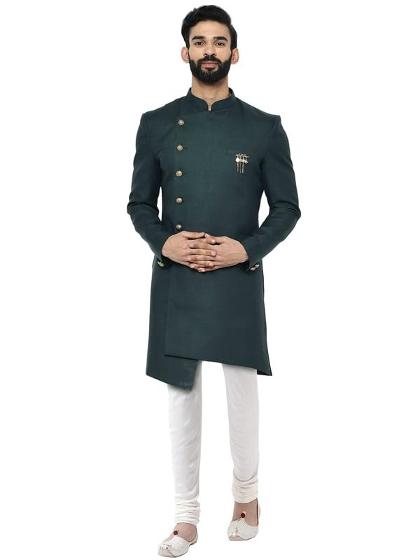 KISAH Men's Indo-Western Sherwani Churidar Set, Green Cotton Blend, Solid Dyed Mandarin Collar Regular Fit Long Sleeves