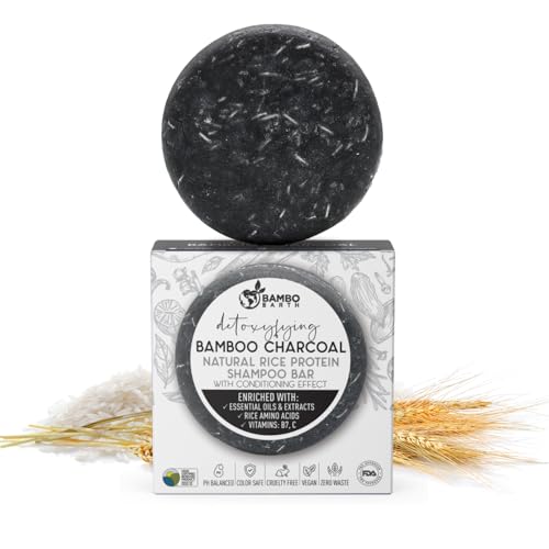 BAMBOEARTH Solid Rice Protein Water Shampoo Bar With Conditioner Effect Hair Soap – Shampoo Bars For Hair With All Natural Plant Based Essential Oils And Zero Waste Packaging (Bamboo Charcoal)