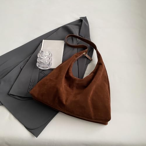 Image of Lushandy Brown Suede Purse Faux Suede Tote Bag Leather Hobo Bags for Women Slouchy Hobo Bag Fall Purse Shoulder Bag