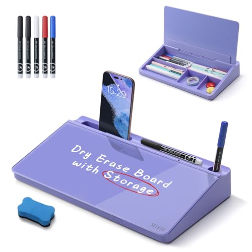SELEAD Desktop Glass Whiteboard with Storage, Small Dry Erase White Board Computer Pad Keyboard Stand for Home, School, Office Desk Accessories - Purple