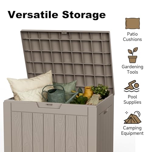Image of 30 Gallon Outdoor Storage Box - Deck Box Waterproof Patio Furniture, Garden Tools, Cushions, Pool Accessories Outside Storage Resin Box,Light Brown