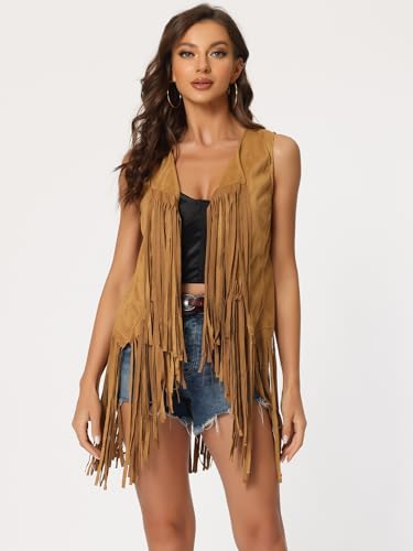 Allegra K Women's Sleeveless Fringe Vest Open Front Western 70s Outfits Faux Suede Tassel Cardigan3