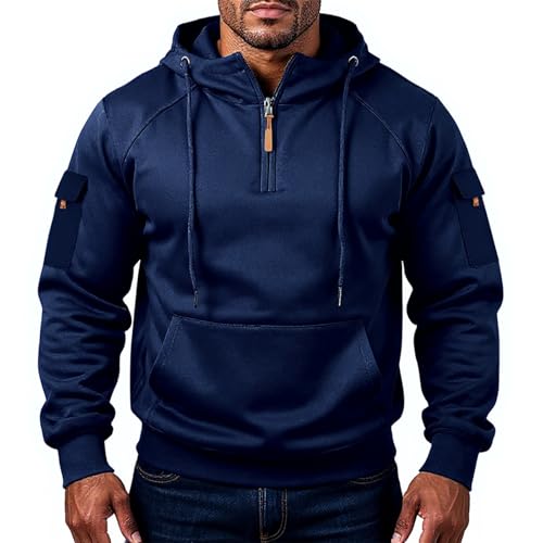 Men's Fall Winter Fashion Hoodies Long Sleeve Quarter Zip Up Hooded Drawstring Tactical Sweatshirt with Pocket M-3XL