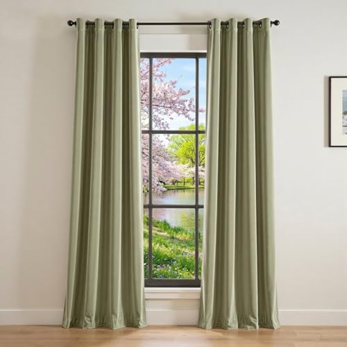 Image of Blackout Olive Sage Velvet Curtains Grommet 52x84 Inch 2 Panels | Soft Velvet, For Bedroom & Living Space, Light Shifting Texture, Elegant Drape, Serene, Fresh