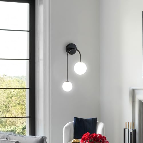 Image of Milk Glass Wall Sconce Black Wall Sconces Mid Century Modern Sconces Wall Lighting 2 Light Globe Sconce for Bedroom Living Room Hallway Wall Light Fixtures