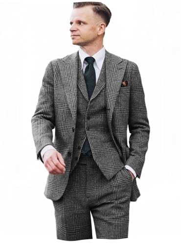 VENNYNG Men's Plaid Wedding Suits 3 Pieces Checkered Blazer Vest Pant Set for Autumn Winter Business Party