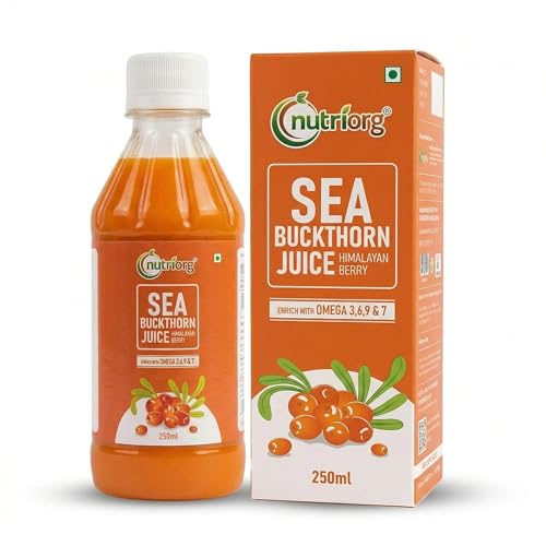 Image of Nutriorg Pure Sea Buckthorn Juice Concentrate Pulp 250 mL | Cold Pressed | 100% Himalayan Berry Pulp | Omega 3,6,7,9 & Vitamin C | Best for Immunity & Antioxidant Rich | Makes 50 Glasses | No Added Sugar & Colour