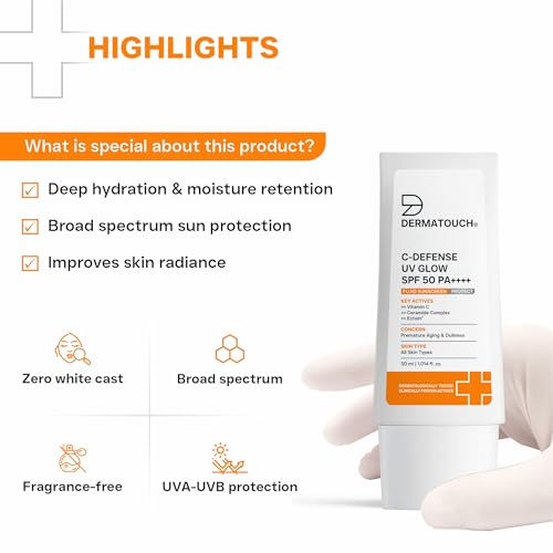Image of DERMATOUCH C-Defense SPF 50 PA++++ Fluid Sunscreen with Vitamin C & Ceramides | Broad Spectrum | For Premature Aging, Dullness & Sunburn | Zero White Cast | Lightweight Daily Sunscreen | In-Vivo & In-Vitro Tested | 30ml
