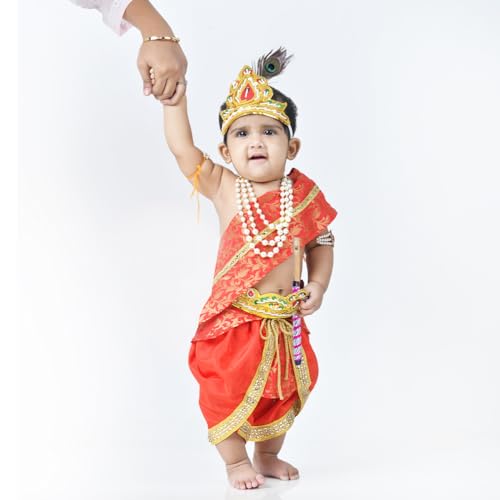 Image of ITSMYCOSTUME Krishna Dress for Baby Boy Kids Set of 10(Dhoti,Hip Cover,Patka,Mukut,Morpankh,Bansuri,Kamarband,Bajuband,Kundal) Little Krishna Ji Kanha Janmasthmi Costume