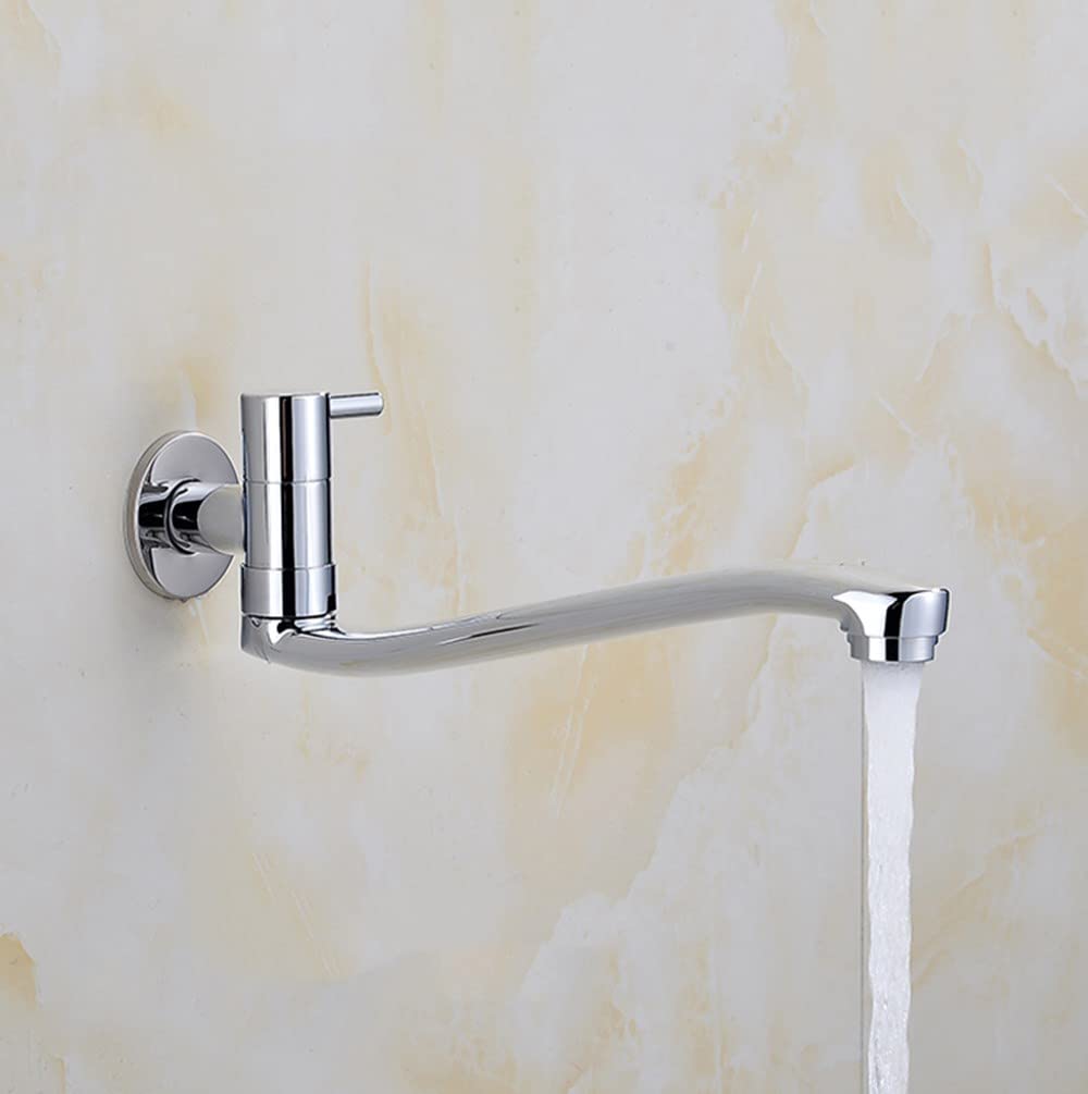 Rubinetto per lavandino montato a parete, rubinetto in ottone a maniglia singola per acqua fredda per cucina, giardino, lavanderia esterna con tubo in acciaio inossidabile, cromato