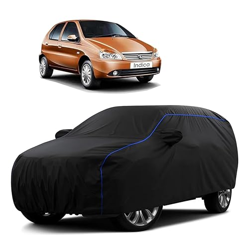 Image of Sulfar 100% Water Resistant Car Body Cover Compatible with Mirror for Tata Indica (Triple Stitched, Full Bottom Elastic, Black Tafetta with Blue Piping)