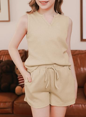 Image of blibean Girls Summer Clothes Set Kids Waffle Pockets Cotton Outfit Size 4-13 Years
