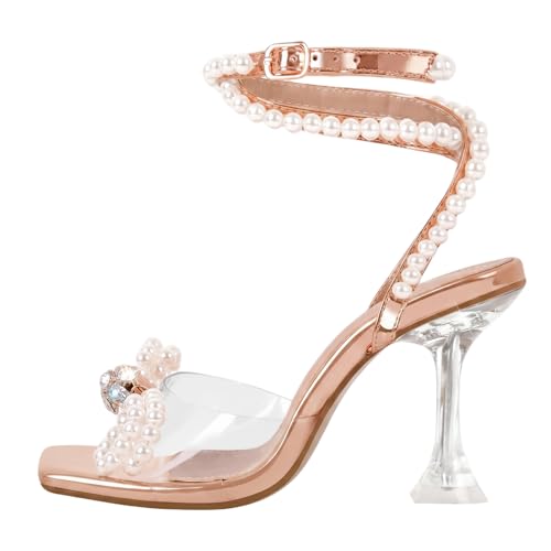 Image of Yolkomo Women's Square Toe Clear Heels Sexy Rhinestone Bow Heels Open Toe Ankle Strap Stiletto High Heel Sandals