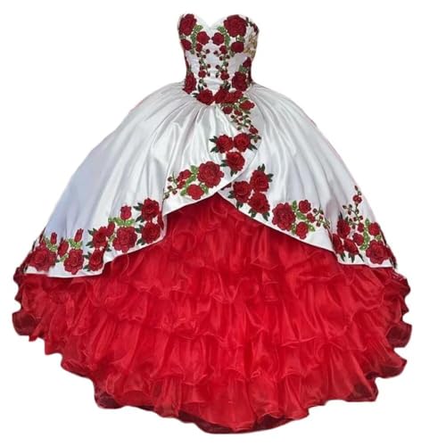 open lace back dress Dydsz Women's Red Flower Sweetheart Quinceanera Dresses Mexican Style  Ruffles Ball Gown Prom Dress 402 1whitered 2 at Amazon Women's Clothing  store