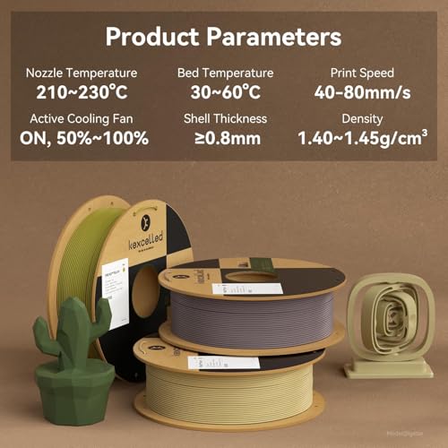 kexcelled PLA Matte Olivgrün 1,75mm +/-0,03mm, Matt Textur Finish Farbe, Ästhetische Materialien für FDM 3D Druck, 1kg Rolle Spule
