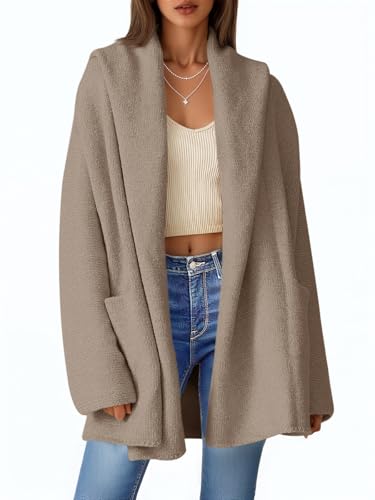 Saodimallsu Womens Open Front Knit Cardigans Oversized 2025 Fall Lapel Hooded Long Sweater Coats with Pockets